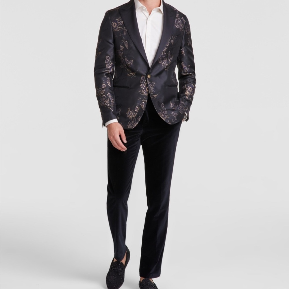 ๐SOLD๐ TALLIA Men's Slim-Fit Floral Jacquard Sport Coat - Black Gold Sz 42R - Picture 1 of 4